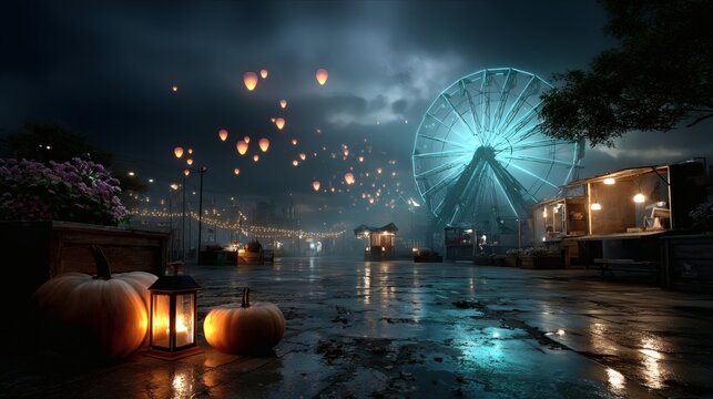 Halloween carnival surreal glowing rides pumpkins floating lights mysterious amusement park night 