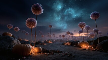 Halloween candy landscape surreal fantasy world oversized sweets lollipops glowing pumpkins whimsical theme 