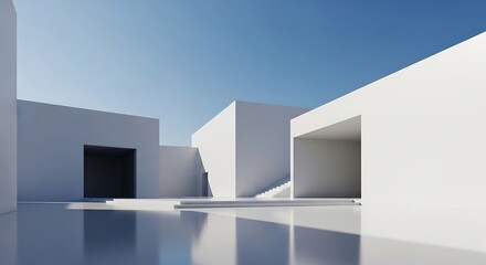 Minimalist white building complex with geometric shapes and reflections