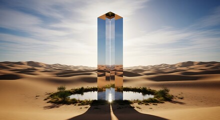 Reflective skyscraper in a desert oasis with a pool