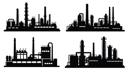 Industrial factory silhouettes manufacturing plant structures complex machinery set