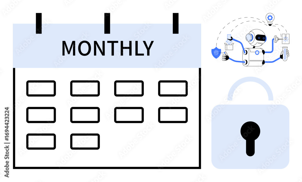 Poster calendar with monthly text, ai robot managing cybersecurity tasks, padlock symbol. ideal for schedul