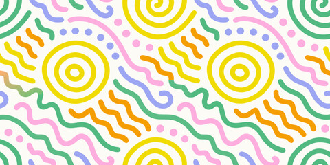Abstract seamless pattern with colorful wavy lines and circles on a white background