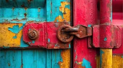 Rusty Latch on Multicolored Peeling Metal Door