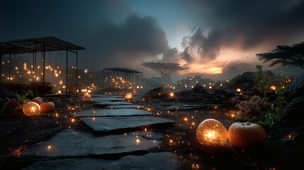 Halloween volcanic landscape glowing lava pumpkins surreal fire themed spooky concept 