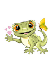 Funny smiling gecko with butterfly and hearts