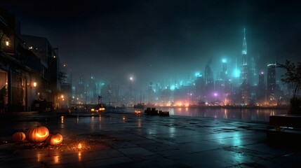 Fototapeta premium Futuristic cyberpunk halloween cityscape glowing neon jack o lanterns digital art concept vibrant night scene mysterious atmosphere 