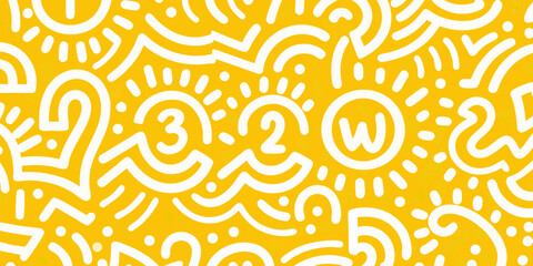 Whimsical white line art pattern with numbers and suns on a vibrant yellow background
