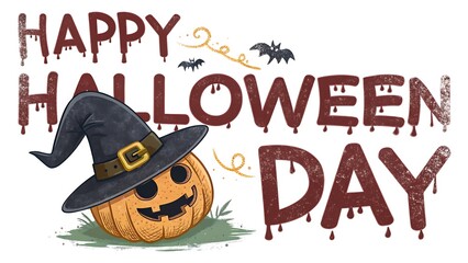 Obraz premium Happy Halloween Illustration Featuring Festive Pumpkin with Hat and Fun Typography