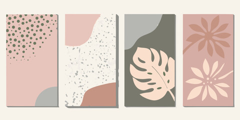 Set of four abstract vertical background designs with organic shapes and botanical elements in muted pastel colors