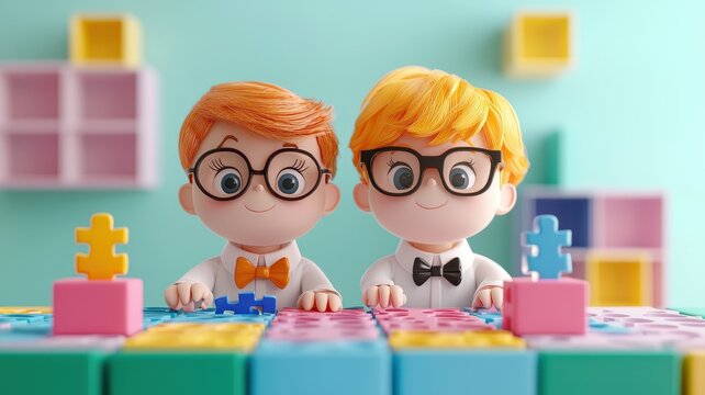 Adorable students, solving puzzles on bright tables, 3D illustration