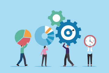 Teamwork and collaboration for business success with data analysis and goal achievement