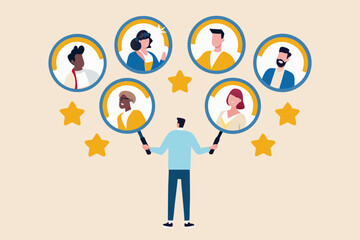 Man holding magnifying glasses to examine diverse people portraits surrounded by stars representing evaluation and selection