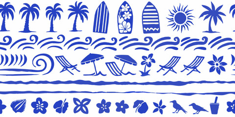 Seamless blue tropical beach vacation pattern with palm trees surfboards sun waves beach chairs umbrellas and flowers © RanjanKumar