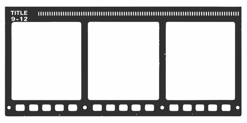 Blank vintage film strip with three empty frames and title text on white background