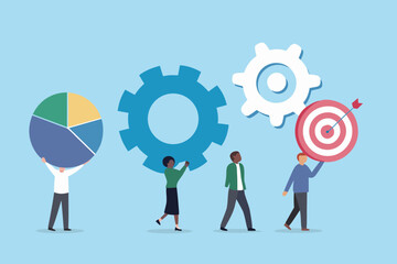 Diverse team collaborates to achieve business goals with data analysis and strategic planning