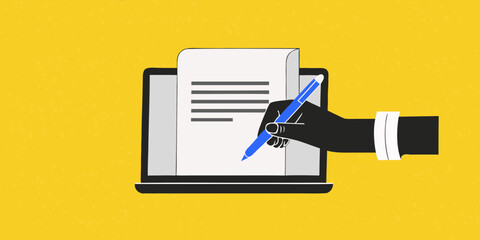 Illustration of a hand writing on a document displayed on a laptop screen against a yellow background