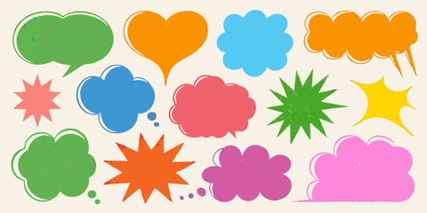 Collection of colorful hand drawn speech bubbles and starburst shapes on a light background