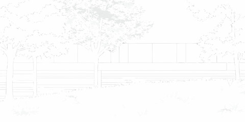 Minimalist outline of trees and modern building facade with grassy foreground and sky background