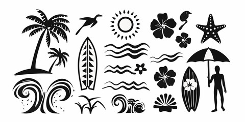 Collection of black and white silhouette icons representing a tropical beach vacation with surfboards palm trees waves and sun