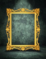 Empty ornate gold picture frame on a textured dark teal wall