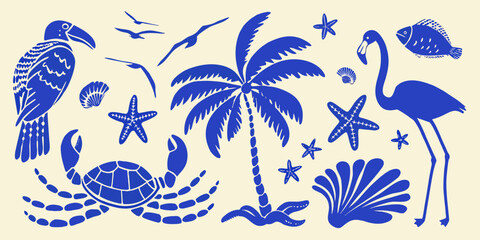 Obraz premium Tropical beach scene with blue silhouettes of a flamingo toucan crab palm tree seashells starfish fish and flying birds