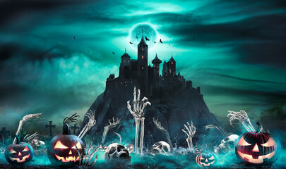 Halloween - Hands Rising Out Of A Cemetery With  Pumpkins And Medieval Castle At Moonlight - Teal Green And Ebony Colors
