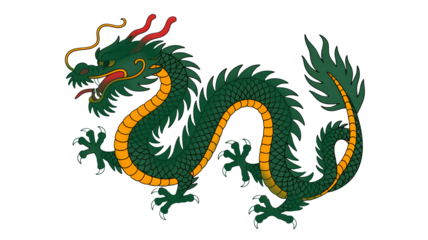 Majestic green and gold dragon illustration on a black background, Chinese mythical creature