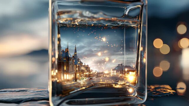 Miniature city glowing inside glass bottle on water surface at dusk with soft bokeh lights. Concept of nostalgia, memory preservation, fantasy travel, and imagination