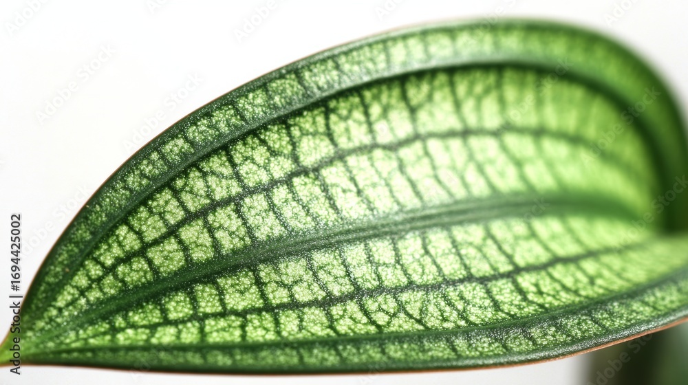 Poster close-up view of adder's tongue fern leaf capturing its vibrant green texture against a clean white 