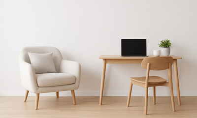 Minimalist living room and home office with wooden desk and modern chair