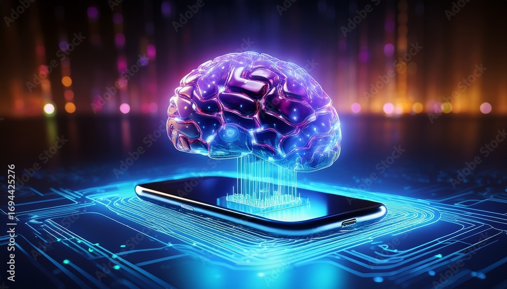 Poster brain computer interface bci concept glowing digital brain hovers over smartphone symbolizing artifi