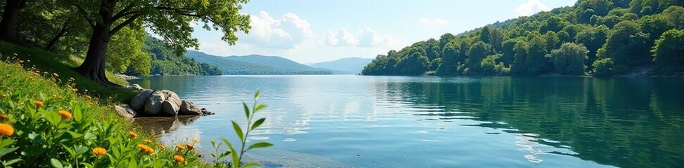 Obraz premium Serene lakeside view, perfect for a relaxing afternoon Enjoy the calm water and peaceful nature Ideal for a summer getaway or a quiet weekend retreat , harmony, reflection