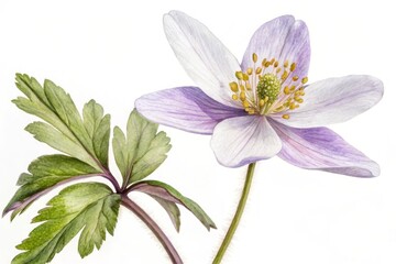 Obraz premium Delicate purple white anemone flower with green leaves image