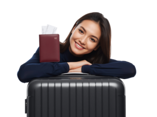 Cheerful traveler with her passport and suitcase ready for a vacation getaway with transparent