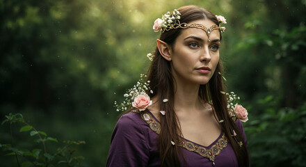 Fantasy woman dressed as elf with flower crown in forest