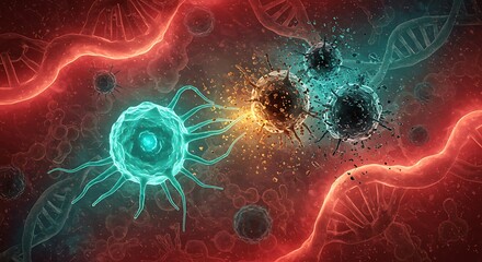 Closeup view of immune cell engaging with viral particles in a biological environment cancer