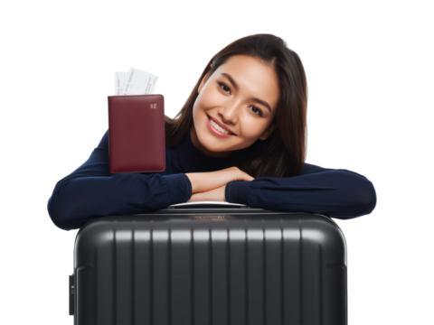 Cheerful traveler with her passport and suitcase ready for a vacation getaway with transparent