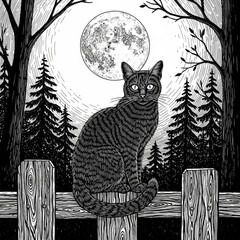 Mysterious Cat on Wooden Fence Under Full Moon with Glowing Eyes - Engraving Style AI Raster Illustration