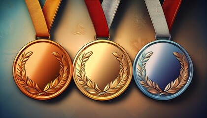 gold silver and bronze medals with ribbons