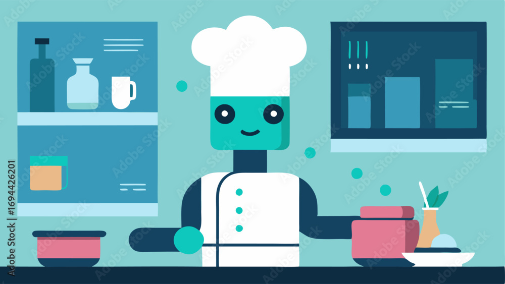 Poster AI Chef A whimsical robot chef cooking a meal in the kitchen with holographic screens showing userspecific nutrition data and recipes.