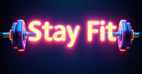 Neon sign displays Stay Fit text framed by barbell weights. Vibrant colors, dark background create striking visual impact.
