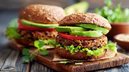 Healthy vegan burger with black bean patty, avocado, lettuce, and tomato on rustic wooden table, high-resolution lifestyle food photography