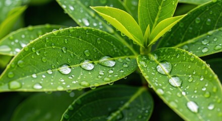 Close-up of vibrant green leaves covered in dew drops
