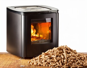 modern pellet stove with wood pellets