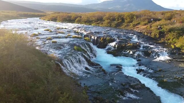 Br&uacute;arfoss Waterfall in Iceland &ndash; Aerial Drone Footage with Glacial Blue Water on the Golden Circle