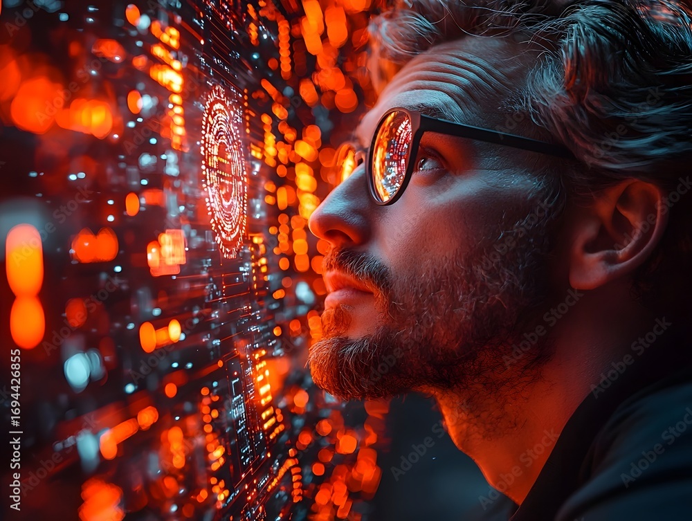 Poster a man with glasses intently studies a futuristic glowing digital interface filled with complex data
