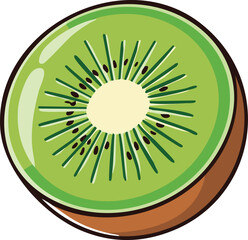 A vibrant, stylized illustration of a halved kiwi fruit, showcasing its green flesh, black seeds, and brown skin.