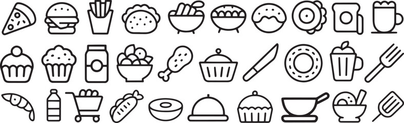 Food and Culinary Line Icons Collection / A Set of Fast Food, Meals, and Kitchen Utensils Vectors

