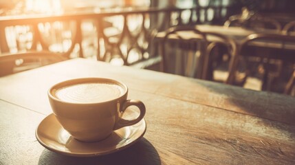Fototapeta premium Steaming hot latte cup on an elegant cafe table, evoking a warm morning breakfast atmosphere.